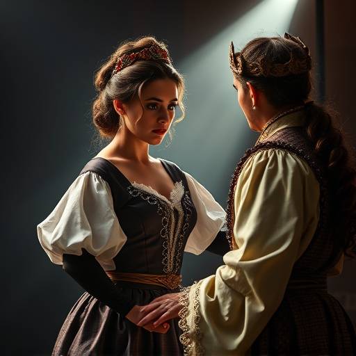 Atriz em cena dramática com iluminaäão profissional e figurino detalhado