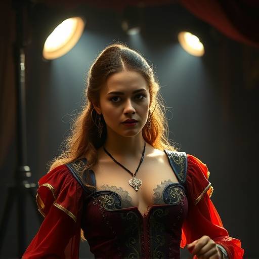 Atriz em uma cena dramática, com iluminaäão profissional e figurino elaborado